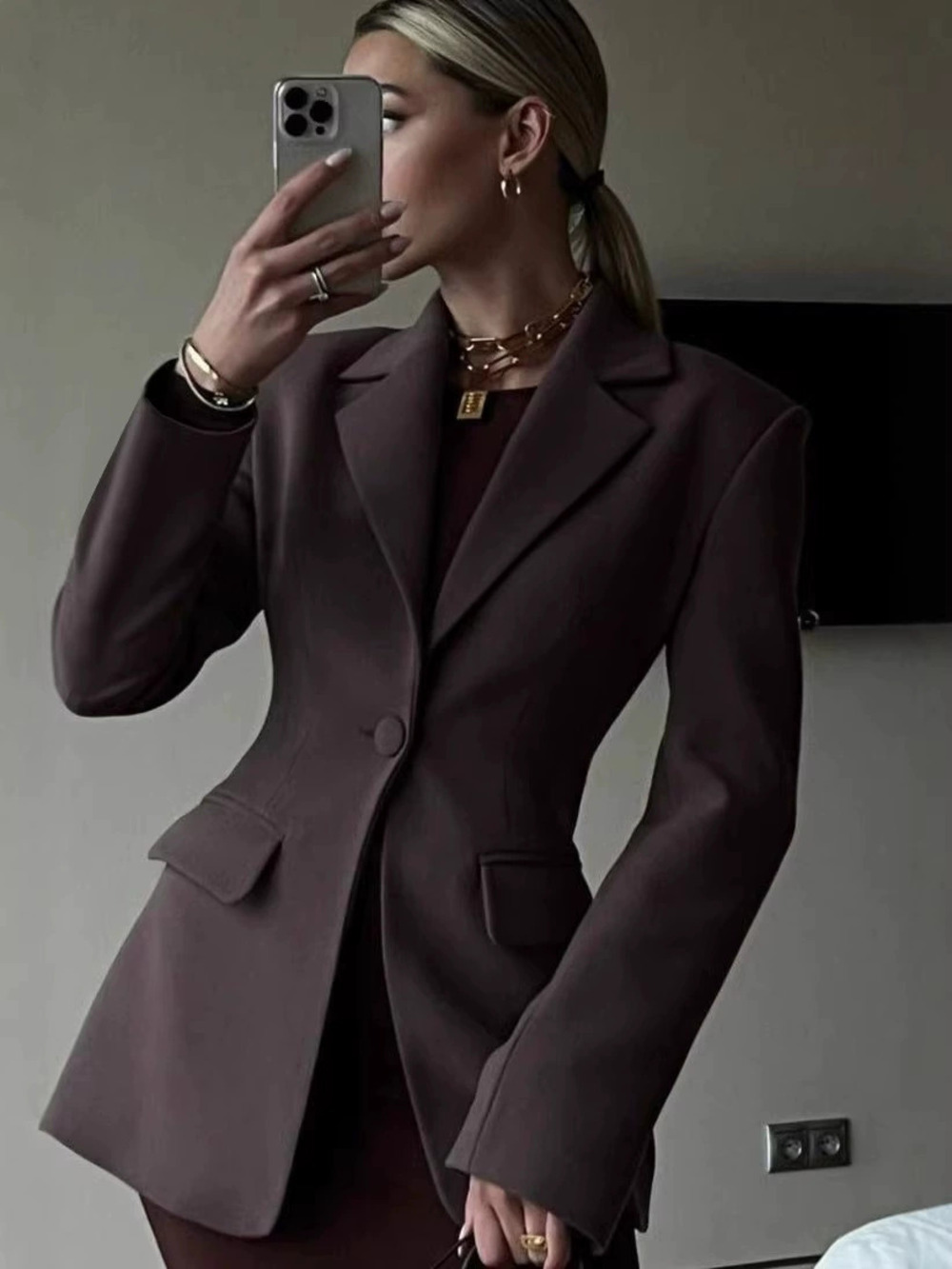 ZARA Early Fall Cinched Waist Blazer for Women Coffee Slim Fit Office